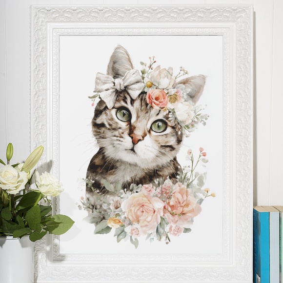 Watercolor American Shorthair Cat with Flower Crown Wall Art Print - Picture 6 of 6